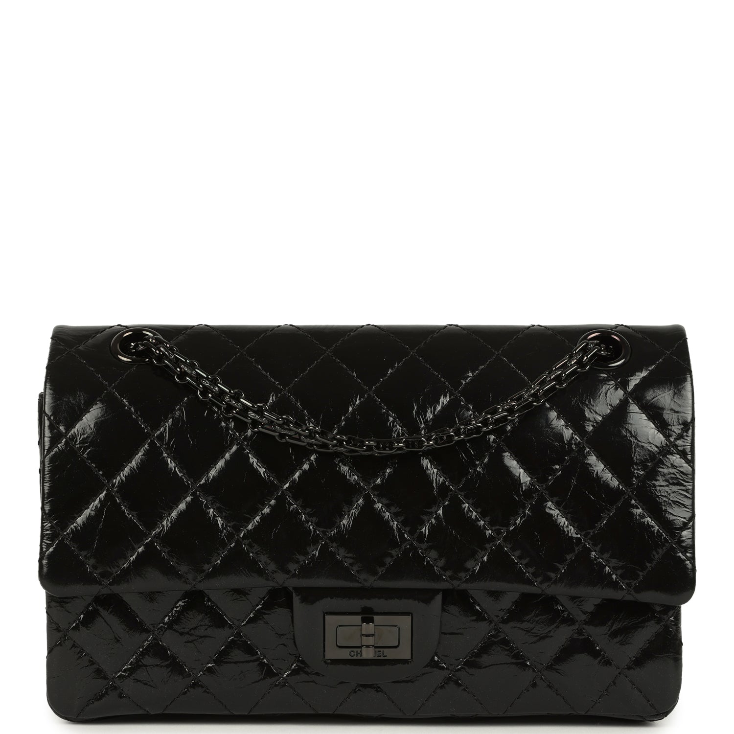 Small Reissue 225 2.55 Double Flap Bag So Black Shiny Crumpled Calfskin Black Hardware