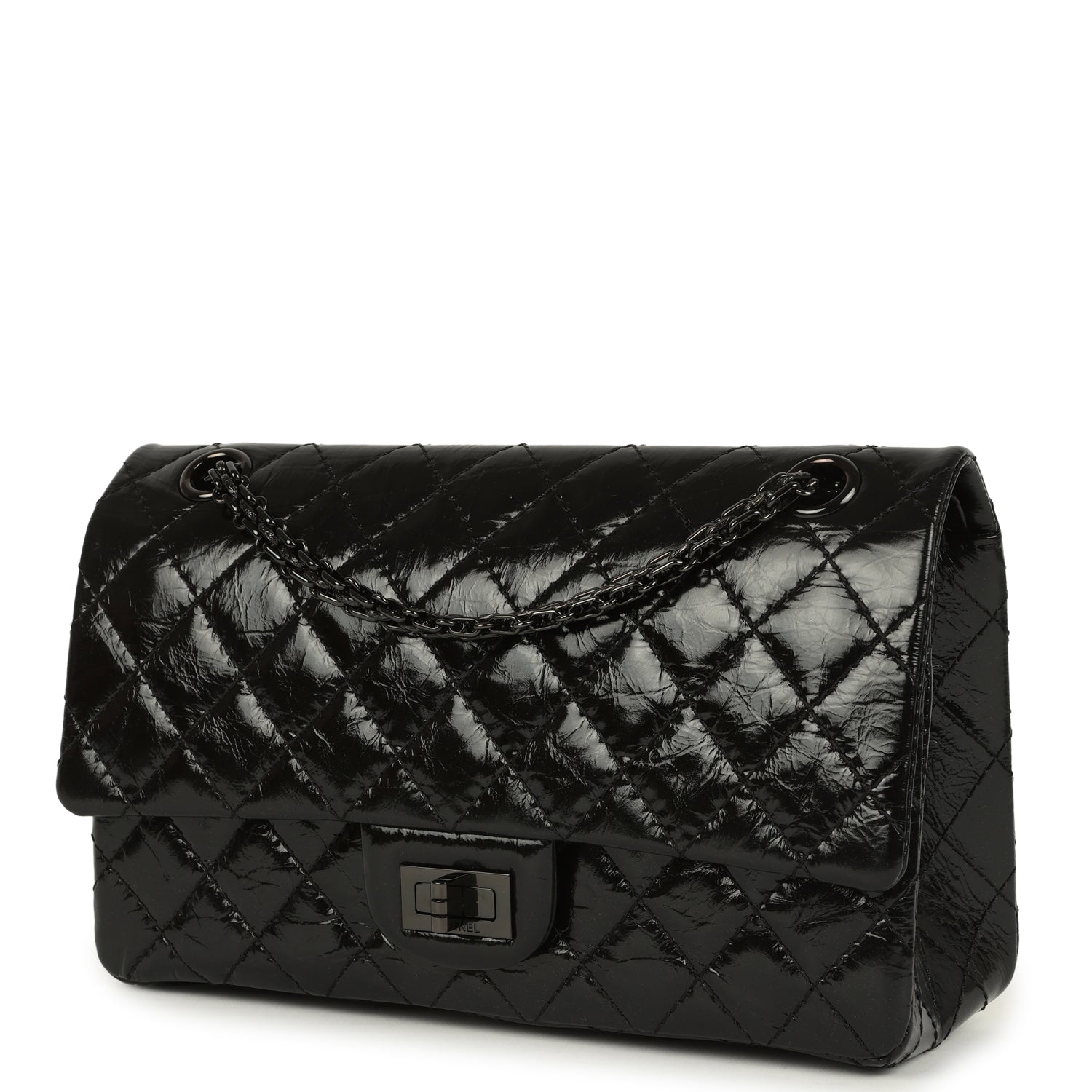Small Reissue 225 2.55 Double Flap Bag So Black Shiny Crumpled Calfskin Black Hardware