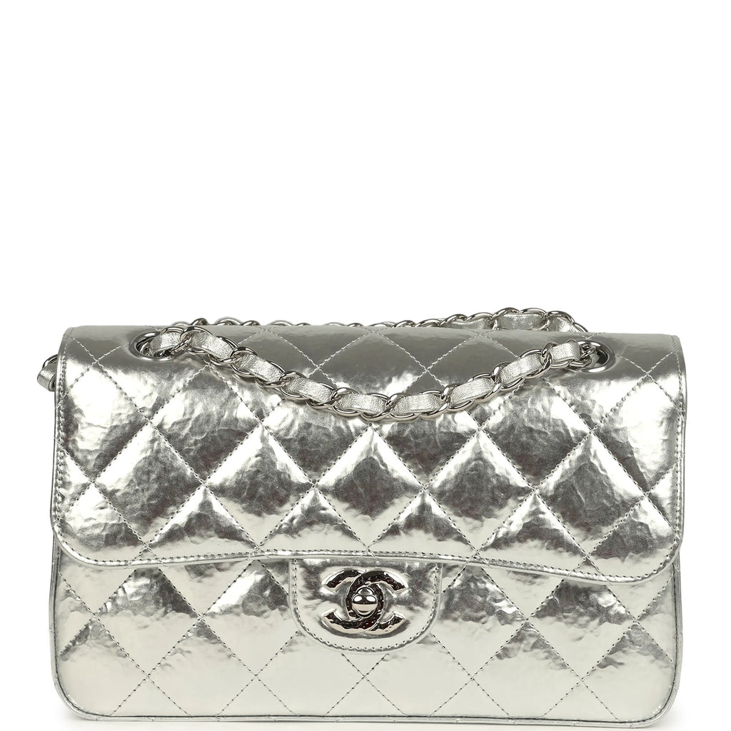 Small Classic Double Flap Silver Hammered Metallic Calfskin Silver Hardware