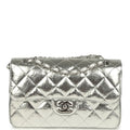 Small Classic Double Flap Silver Hammered Metallic Calfskin Silver Hardware