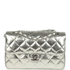 Small Classic Double Flap Silver Hammered Metallic Calfskin Silver Hardware