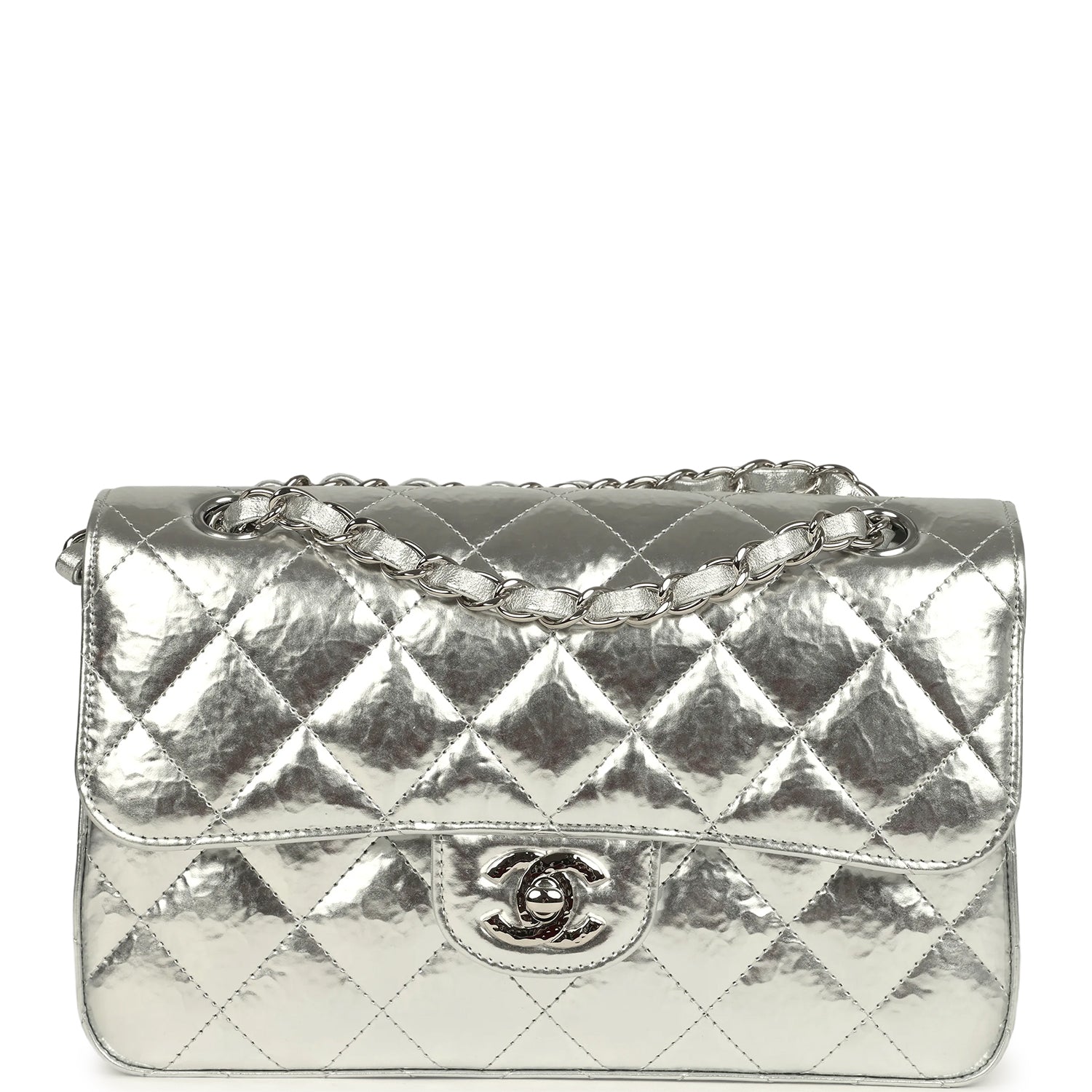 Small Classic Double Flap Silver Hammered Metallic Calfskin Silver Hardware