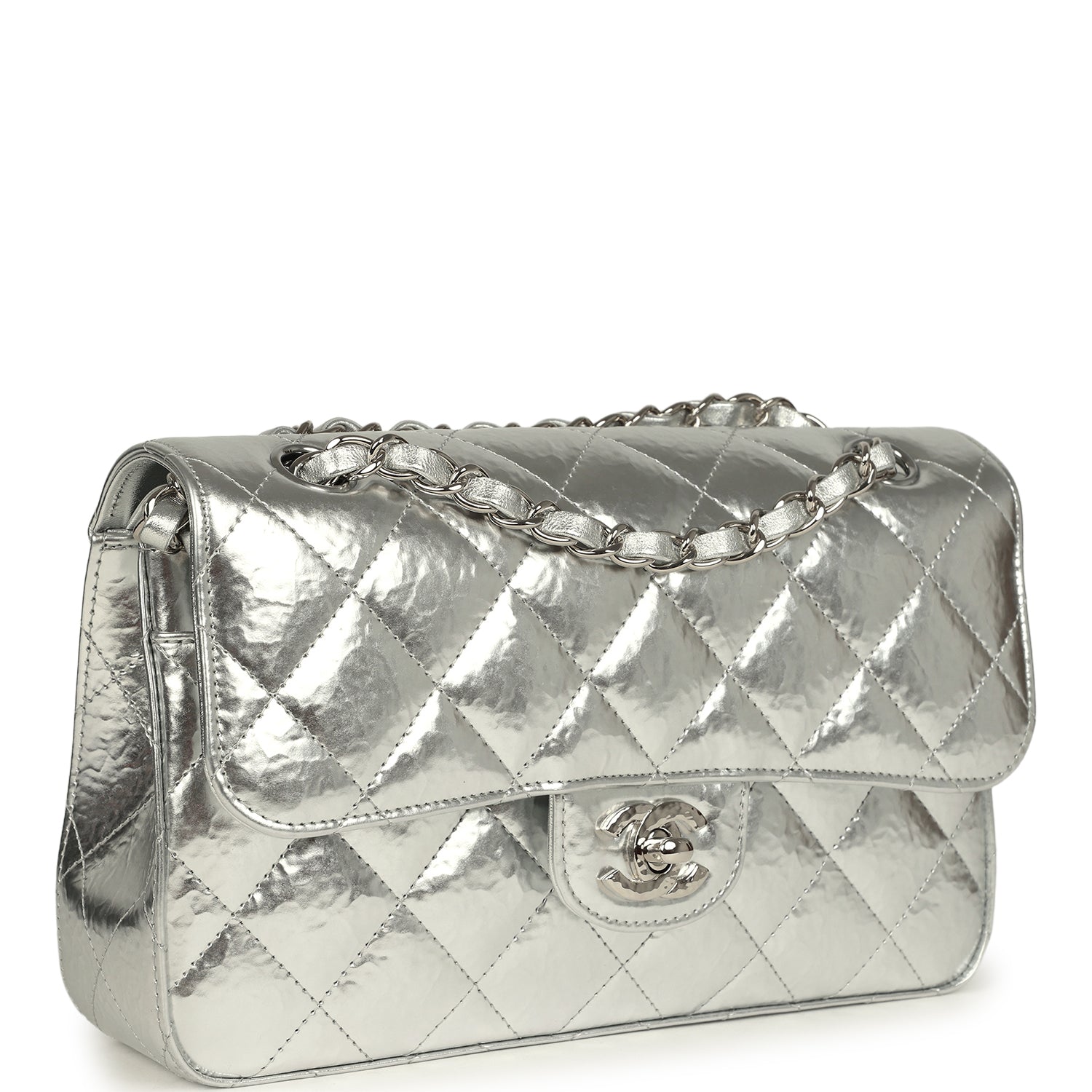 Small Classic Double Flap Silver Hammered Metallic Calfskin Silver Hardware