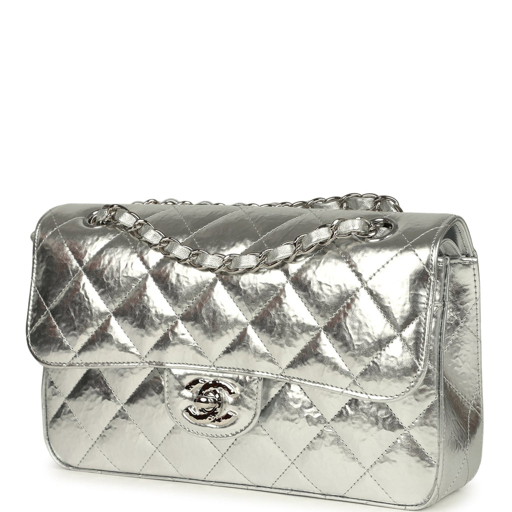 Small Classic Double Flap Silver Hammered Metallic Calfskin Silver Hardware