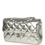 Small Classic Double Flap Silver Hammered Metallic Calfskin Silver Hardware