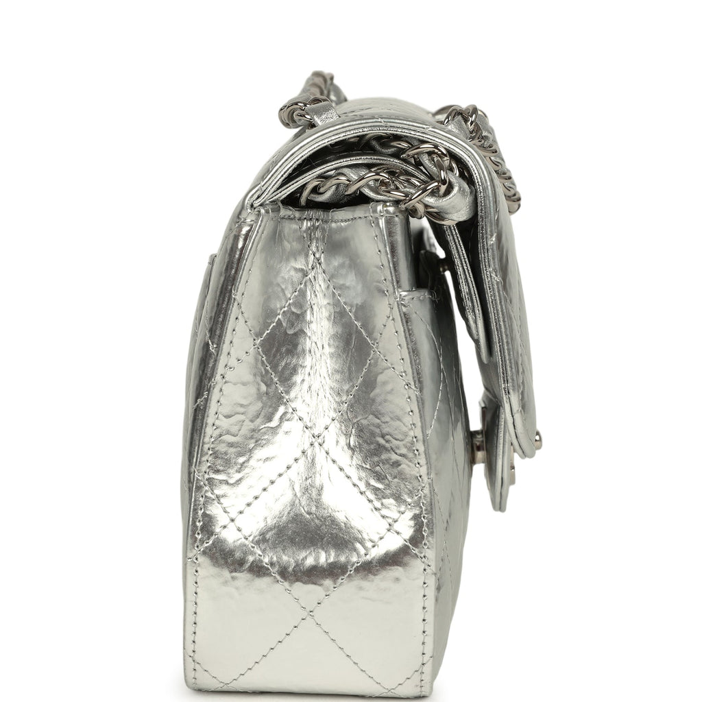 Small Classic Double Flap Silver Hammered Metallic Calfskin Silver Hardware