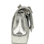 Small Classic Double Flap Silver Hammered Metallic Calfskin Silver Hardware