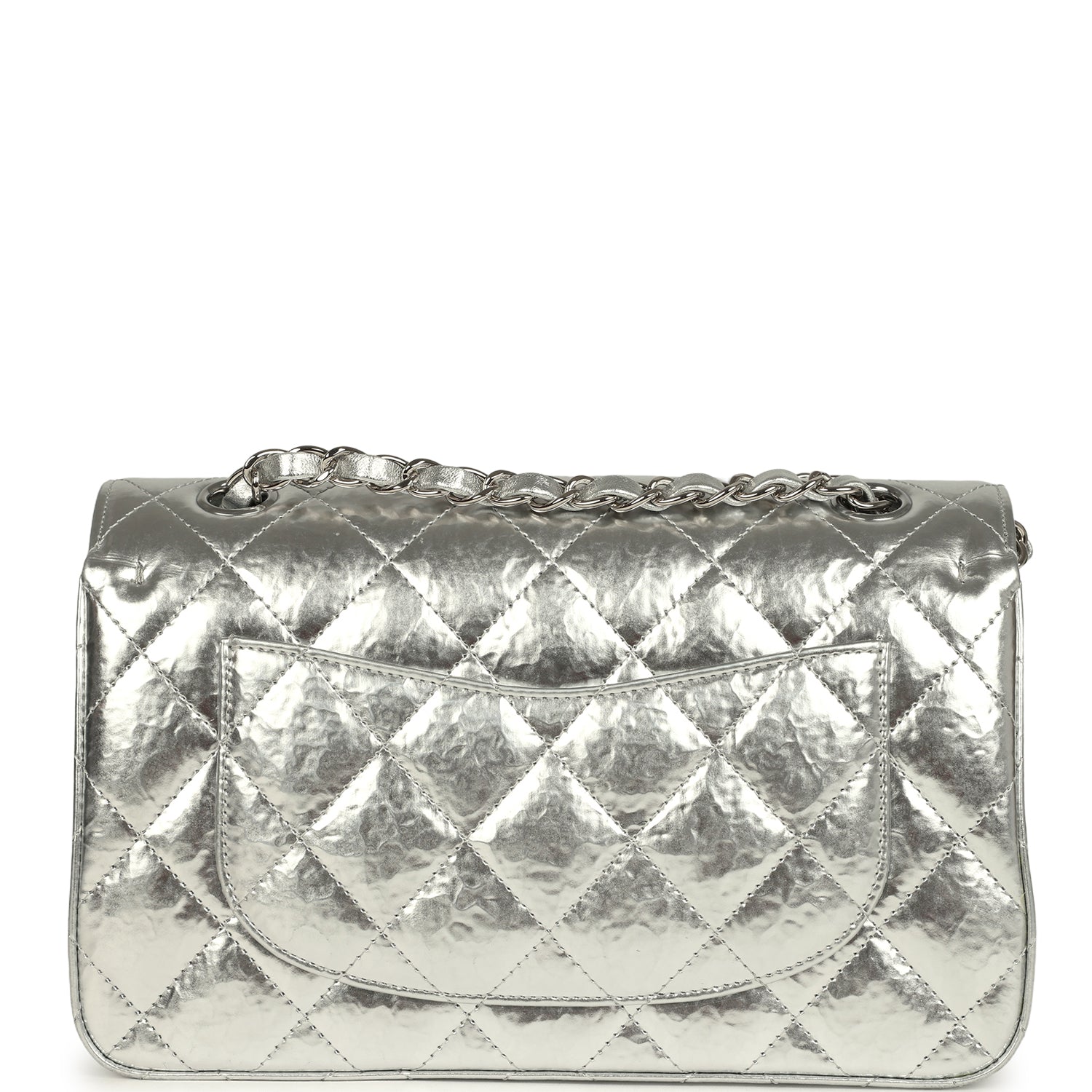 Small Classic Double Flap Silver Hammered Metallic Calfskin Silver Hardware