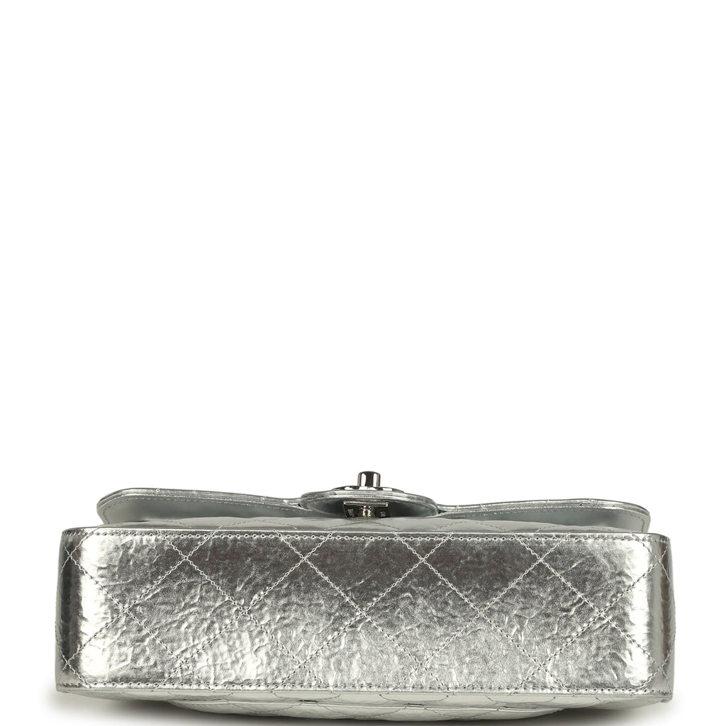 Small Classic Double Flap Silver Hammered Metallic Calfskin Silver Hardware