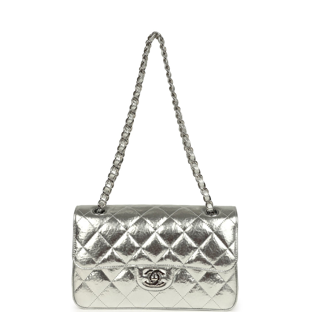 Small Classic Double Flap Silver Hammered Metallic Calfskin Silver Hardware