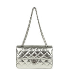 Small Classic Double Flap Silver Hammered Metallic Calfskin Silver Hardware