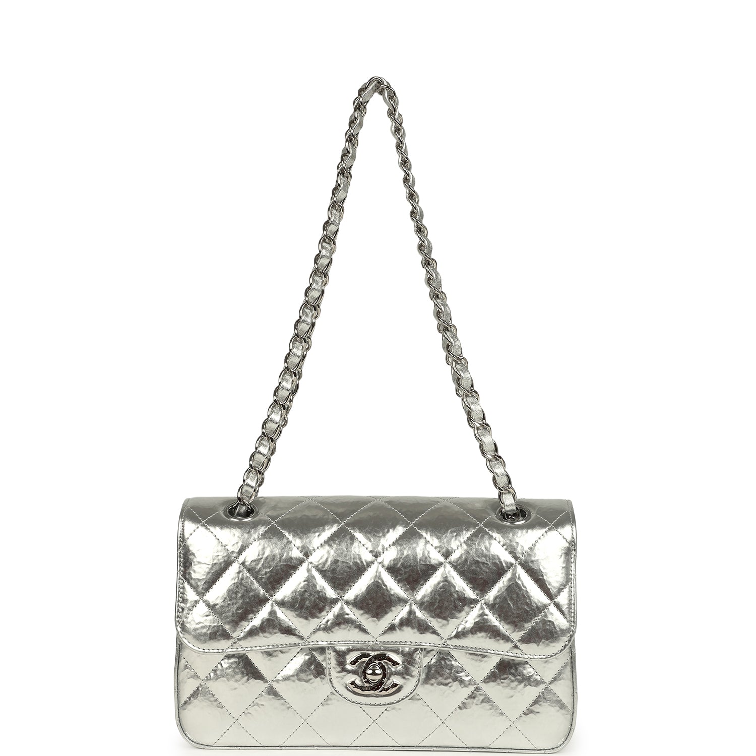 Small Classic Double Flap Silver Hammered Metallic Calfskin Silver Hardware