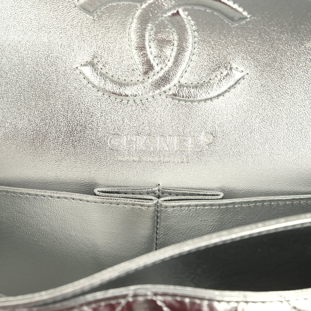Small Classic Double Flap Silver Hammered Metallic Calfskin Silver Hardware