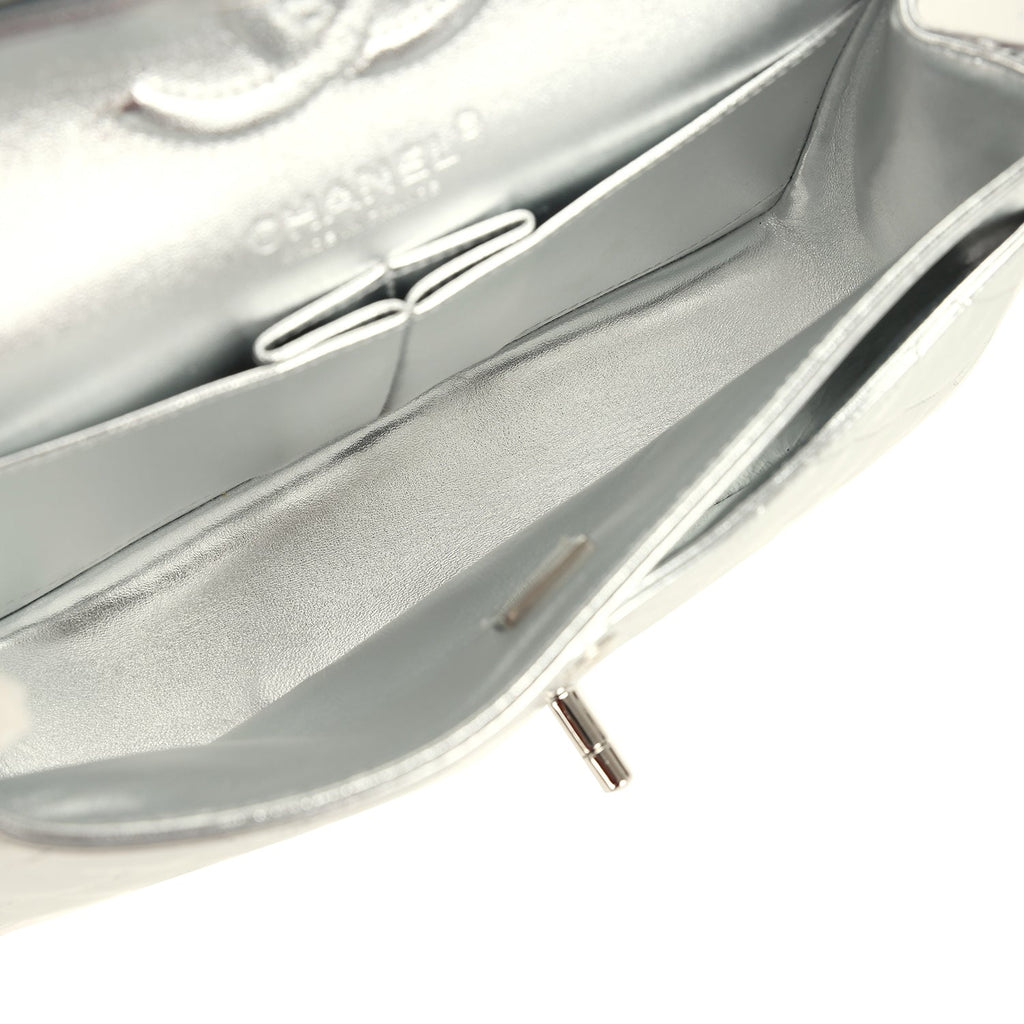 Small Classic Double Flap Silver Hammered Metallic Calfskin Silver Hardware