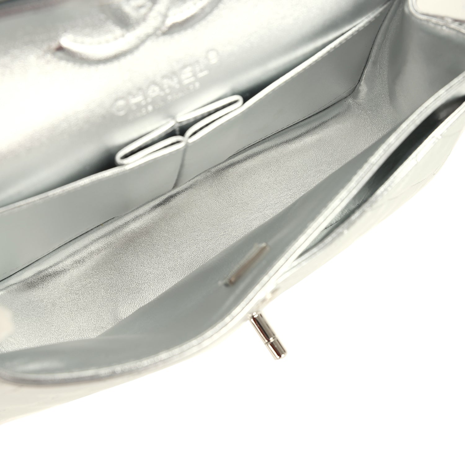 Small Classic Double Flap Silver Hammered Metallic Calfskin Silver Hardware