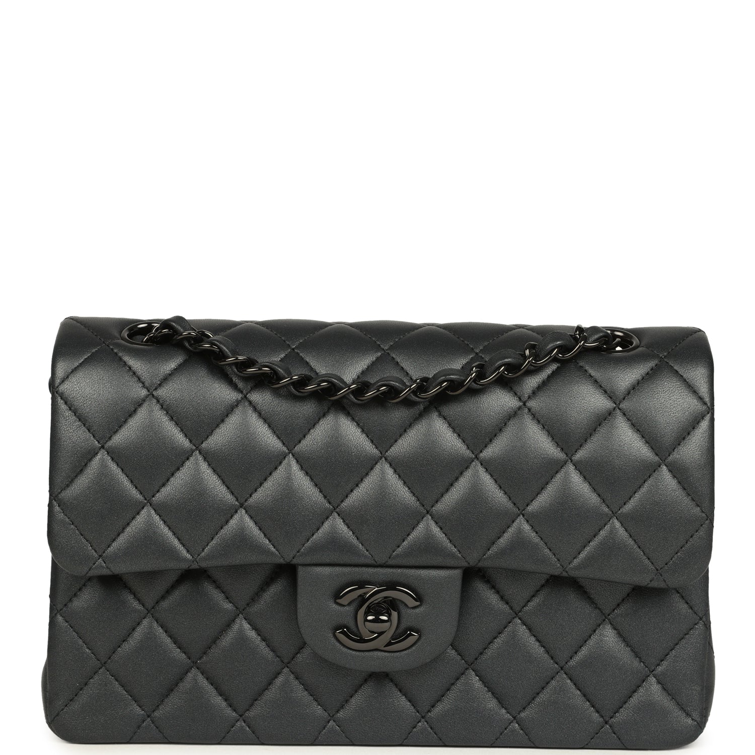 Small Classic Double Flap Bag So Black Iridescent Lambskin Black Hardware
