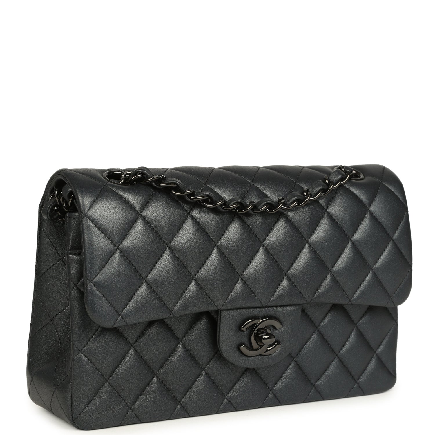Small Classic Double Flap Bag So Black Iridescent Lambskin Black Hardware