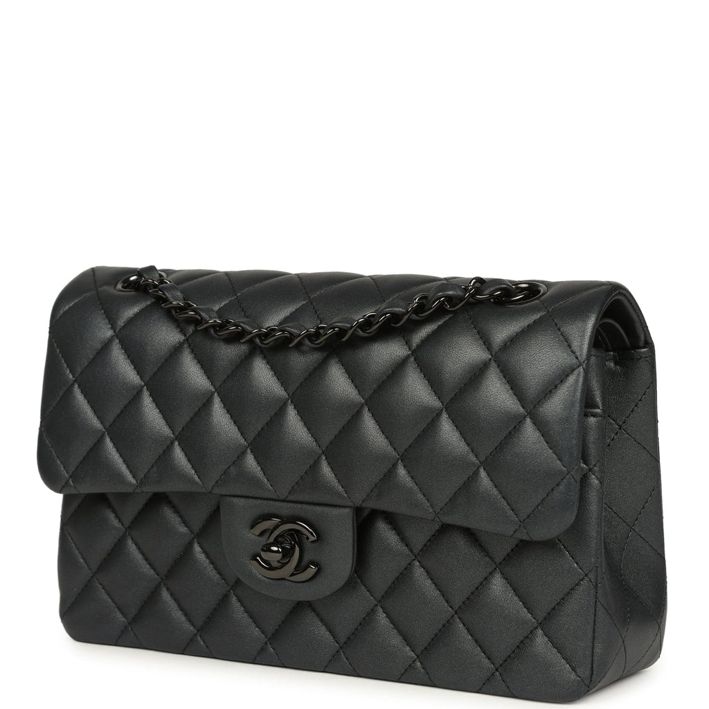Small Classic Double Flap Bag So Black Iridescent Lambskin Black Hardware