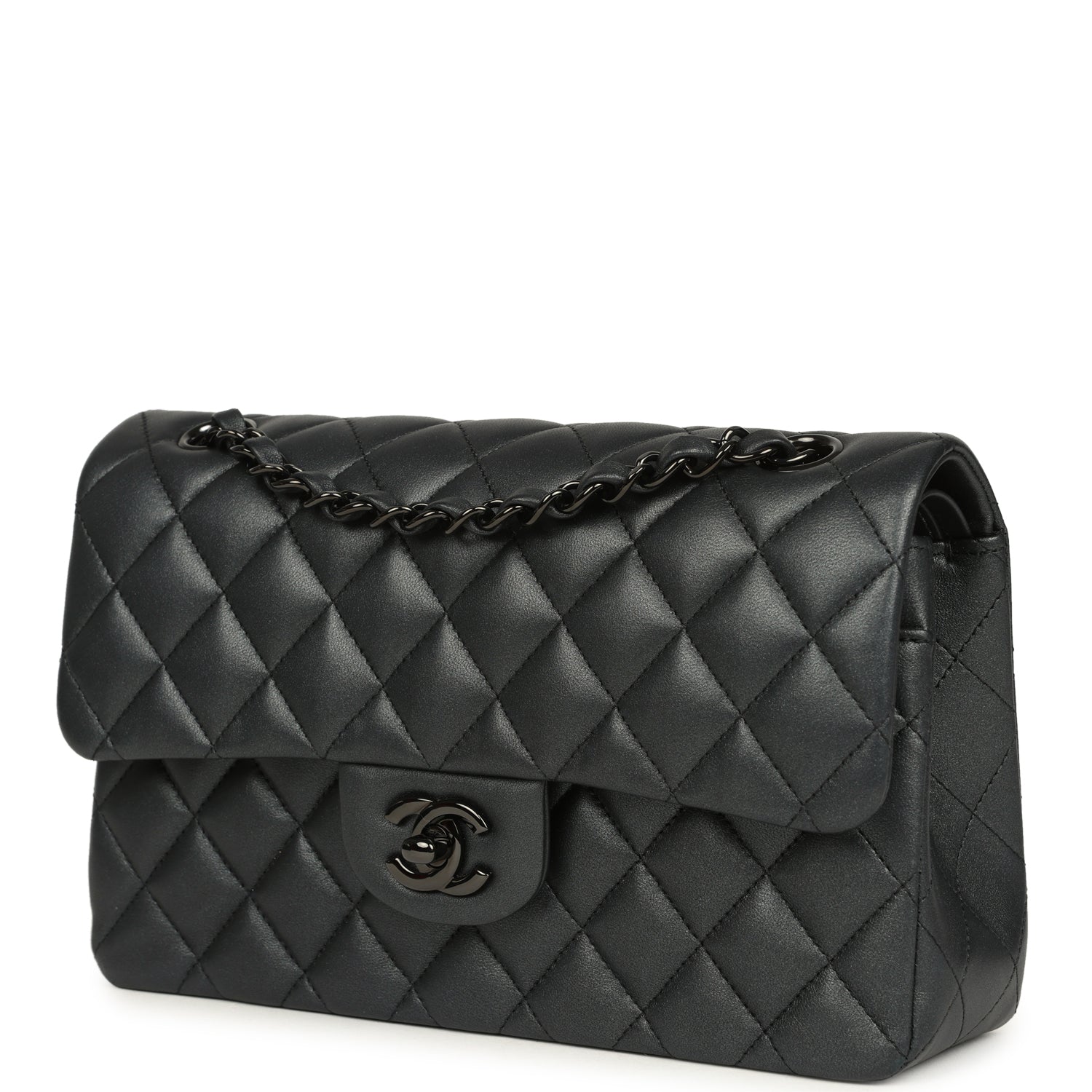 Small Classic Double Flap Bag So Black Iridescent Lambskin Black Hardware