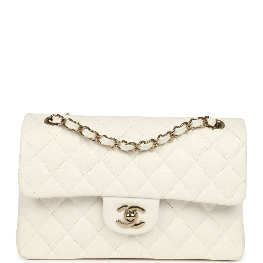 Small Classic Double Flap Bag Off White Shiny Caviar Light Gold Hardware
