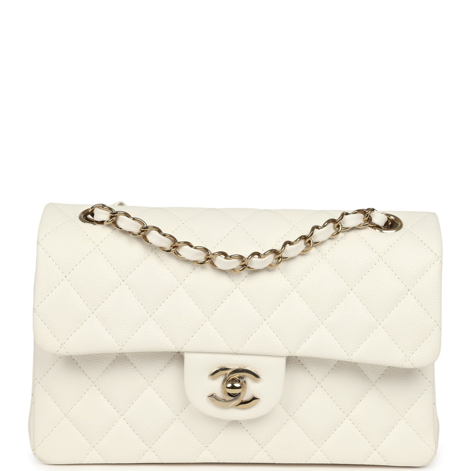 Small Classic Double Flap Bag Off White Shiny Caviar Light Gold Hardware