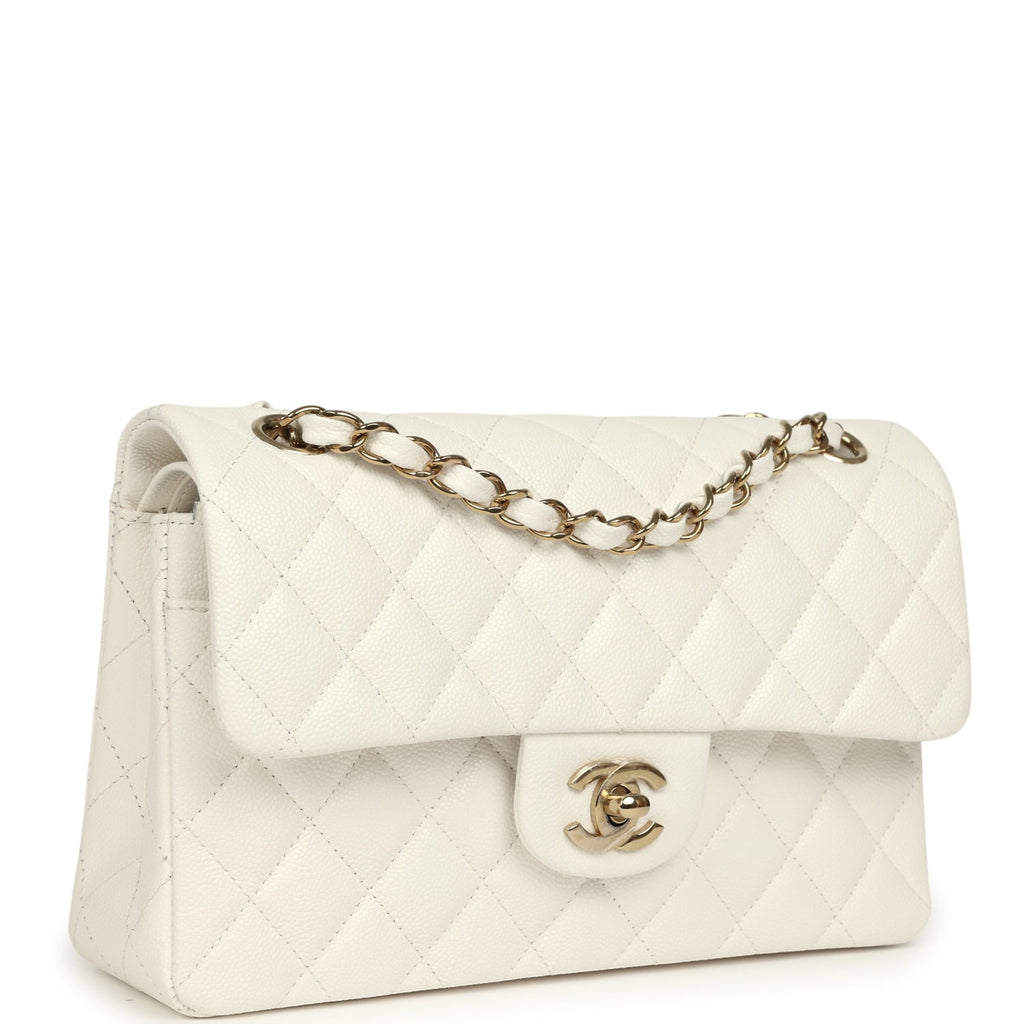 Small Classic Double Flap Bag Off White Shiny Caviar Light Gold Hardware
