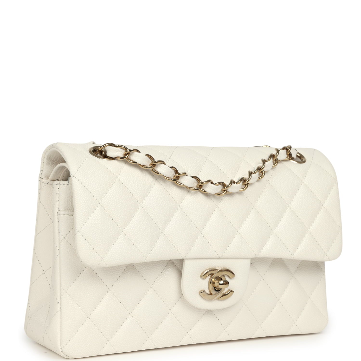 Small Classic Double Flap Bag Off White Shiny Caviar Light Gold Hardware