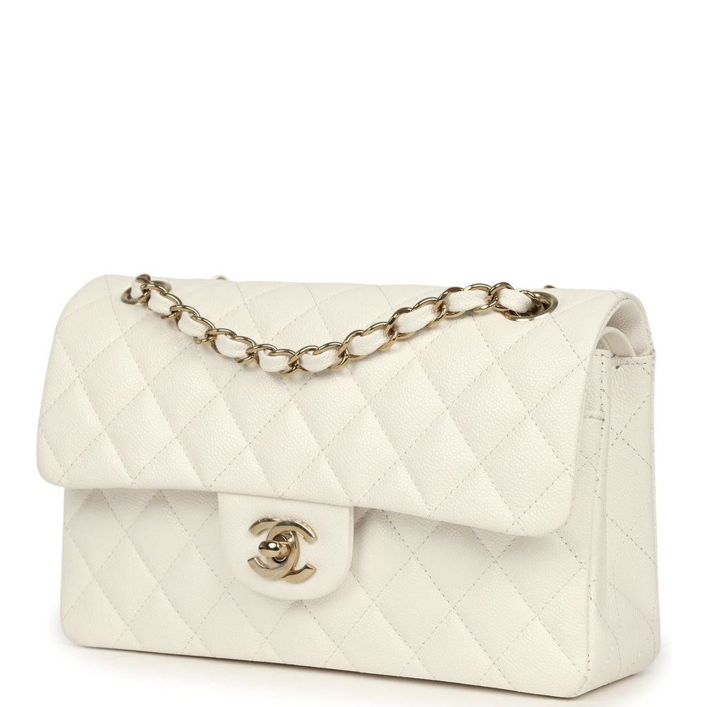 Small Classic Double Flap Bag Off White Shiny Caviar Light Gold Hardware