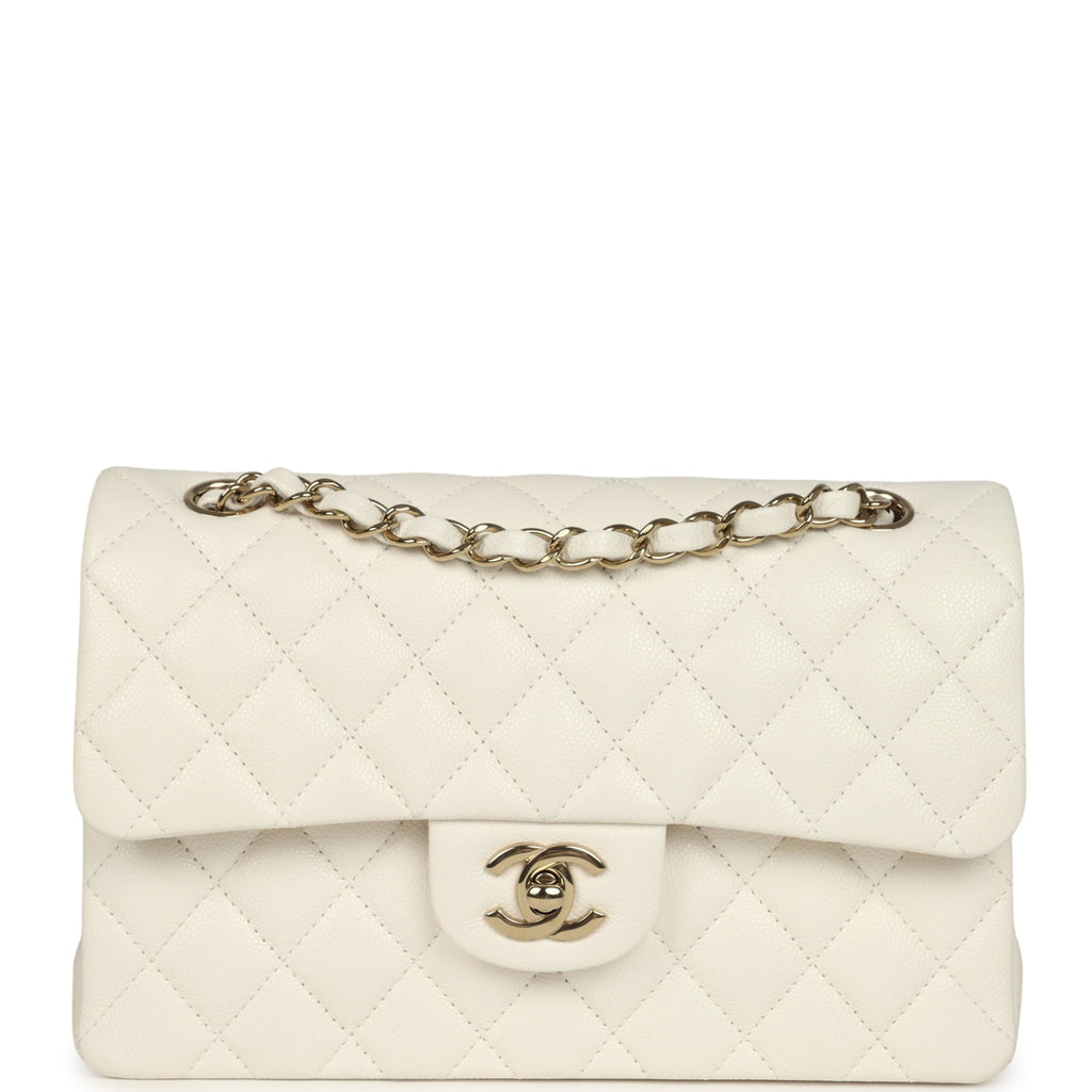 Small Classic Double Flap Bag White Shiny Caviar Light Gold Hardware