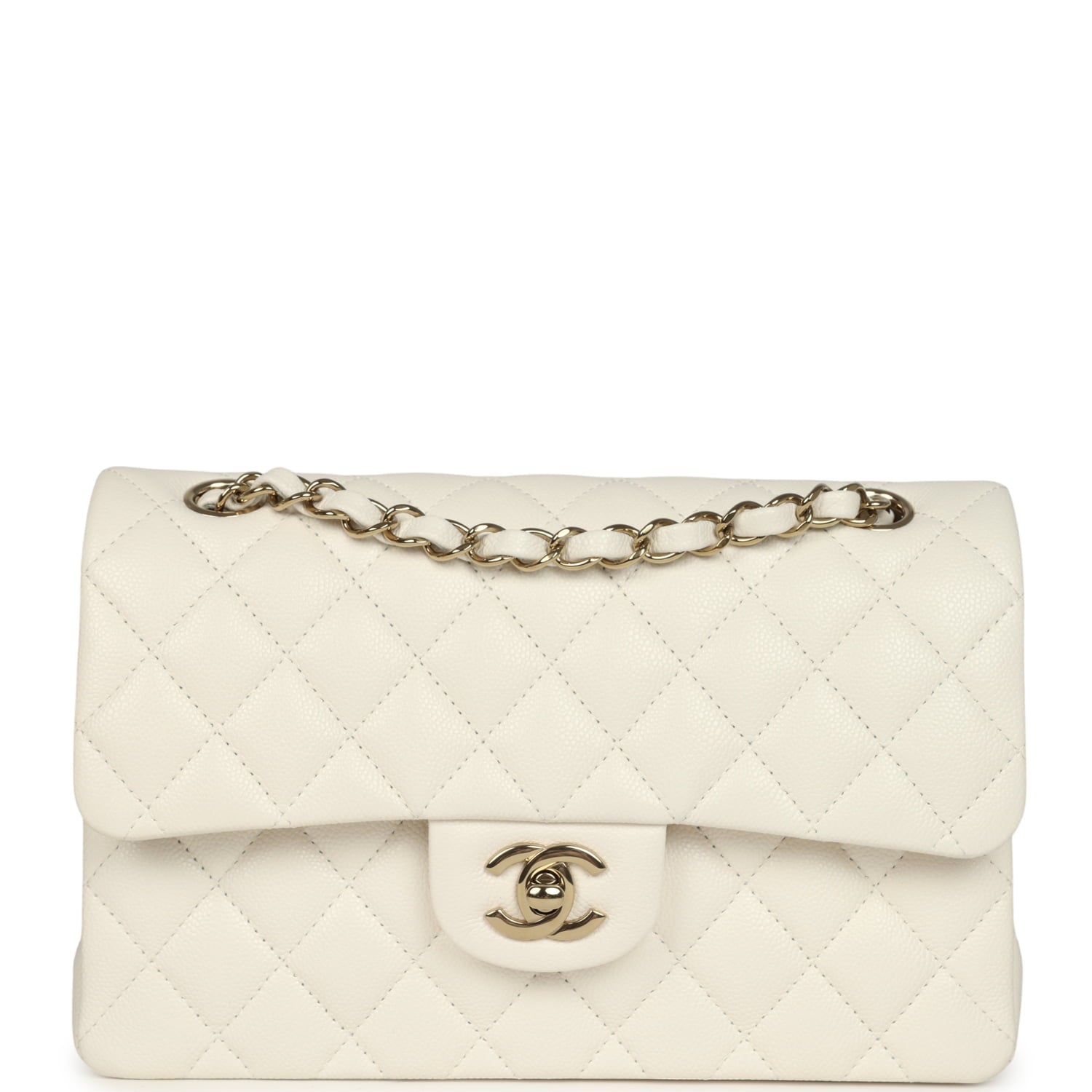 Small Classic Double Flap Bag White Shiny Caviar Light Gold Hardware
