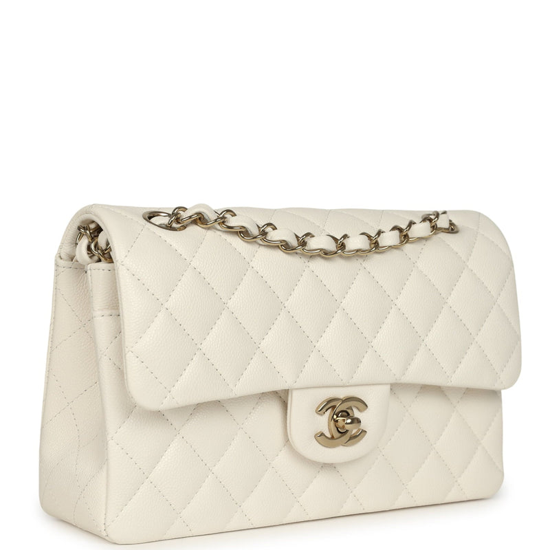 Small Classic Double Flap Bag White Shiny Caviar Light Gold Hardware