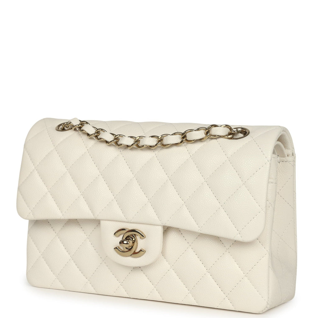 Small Classic Double Flap Bag White Shiny Caviar Light Gold Hardware