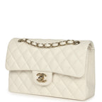 Small Classic Double Flap Bag White Shiny Caviar Light Gold Hardware