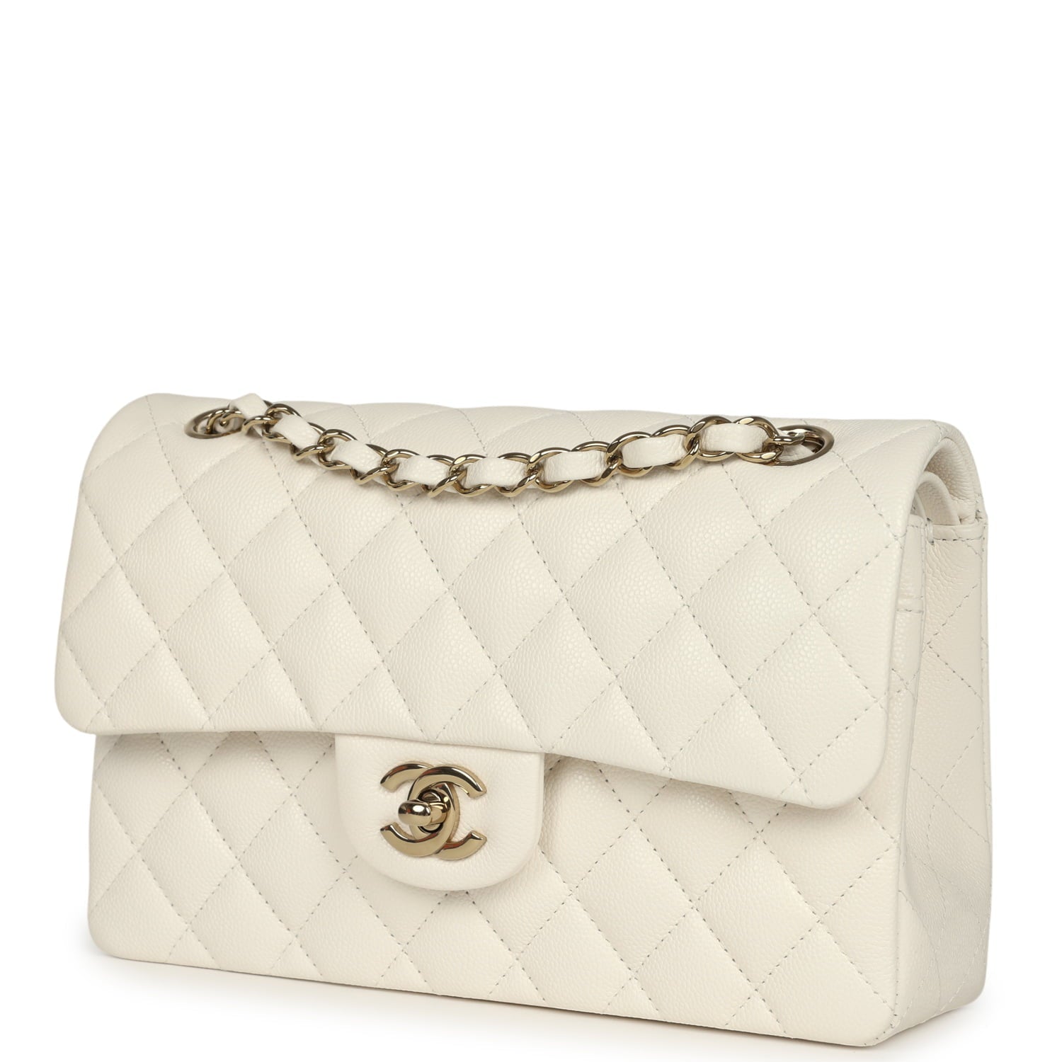 Small Classic Double Flap Bag White Shiny Caviar Light Gold Hardware