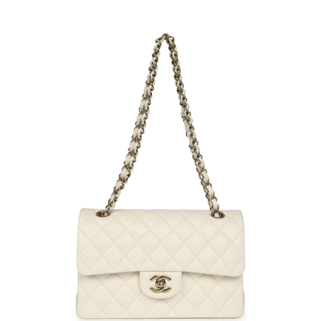 Small Classic Double Flap Bag White Shiny Caviar Light Gold Hardware