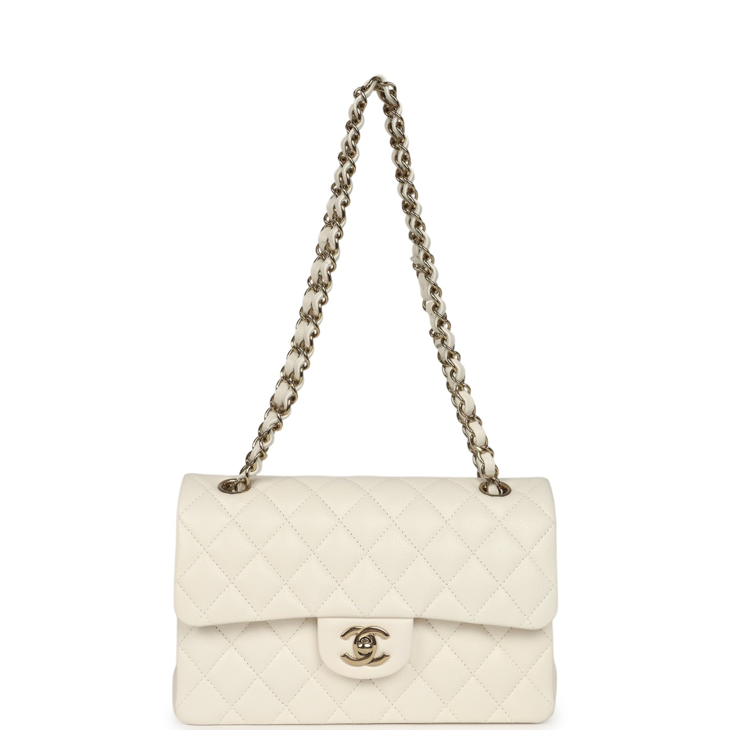 Small Classic Double Flap Bag White Shiny Caviar Light Gold Hardware