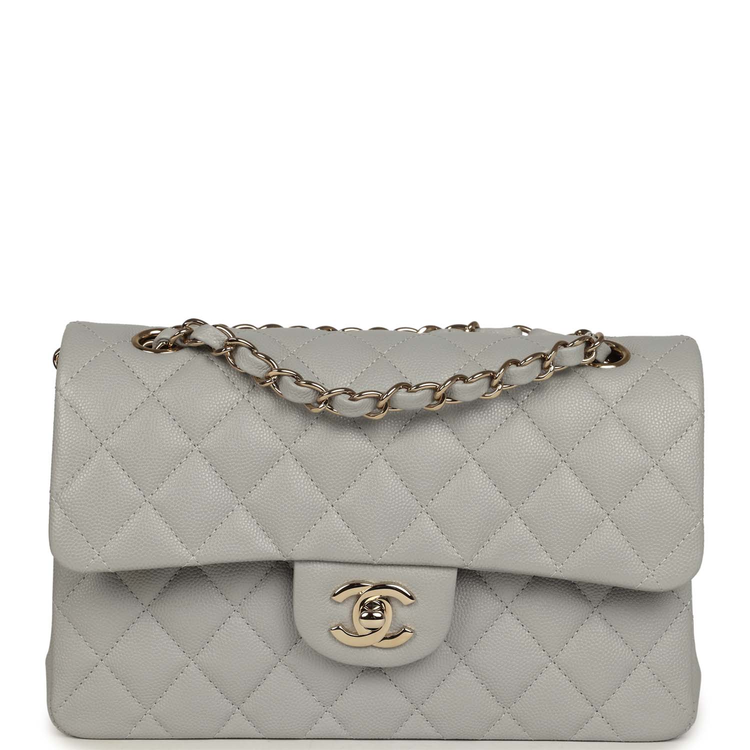 Small Classic Double Flap Bag Light Grey Caviar Light Gold Hardware