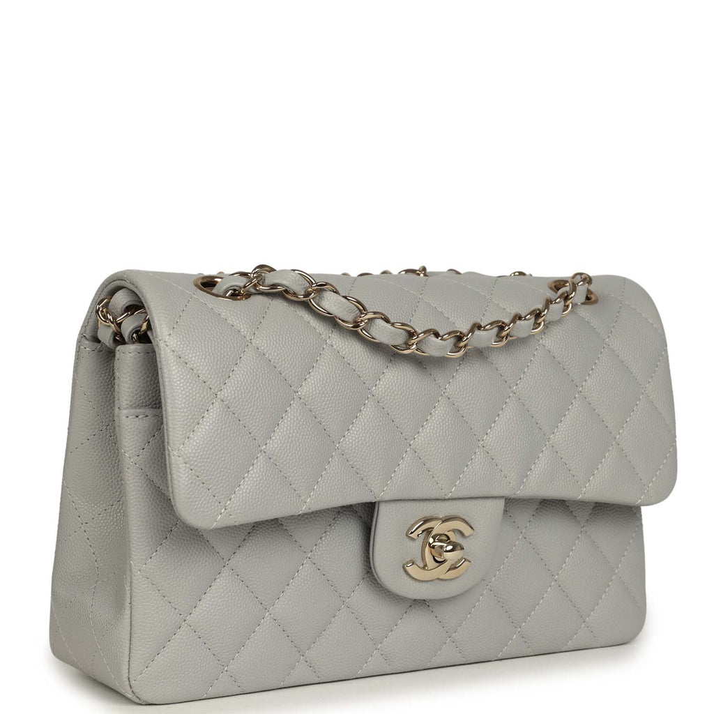 Small Classic Double Flap Bag Light Grey Caviar Light Gold Hardware