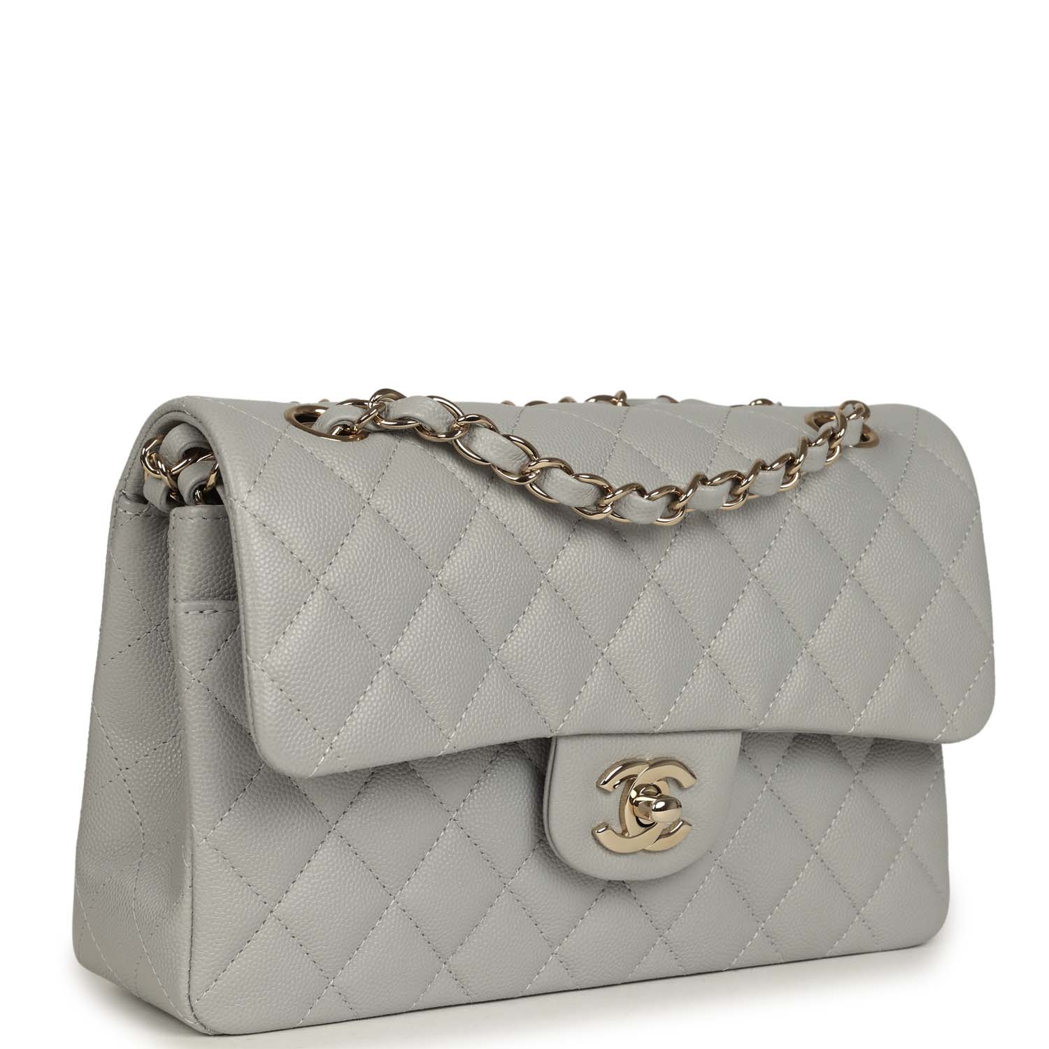 Small Classic Double Flap Bag Light Grey Caviar Light Gold Hardware