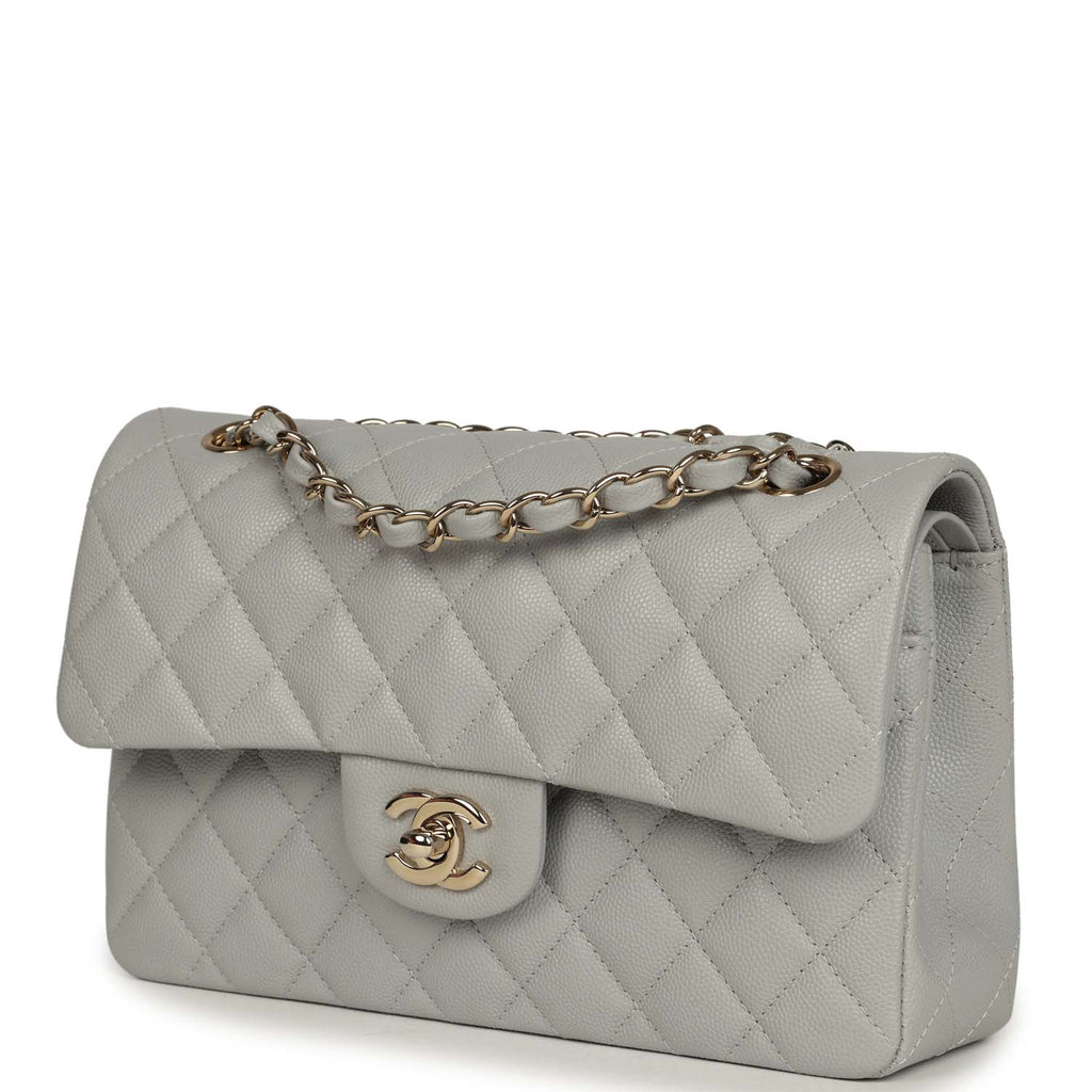 Small Classic Double Flap Bag Light Grey Caviar Light Gold Hardware