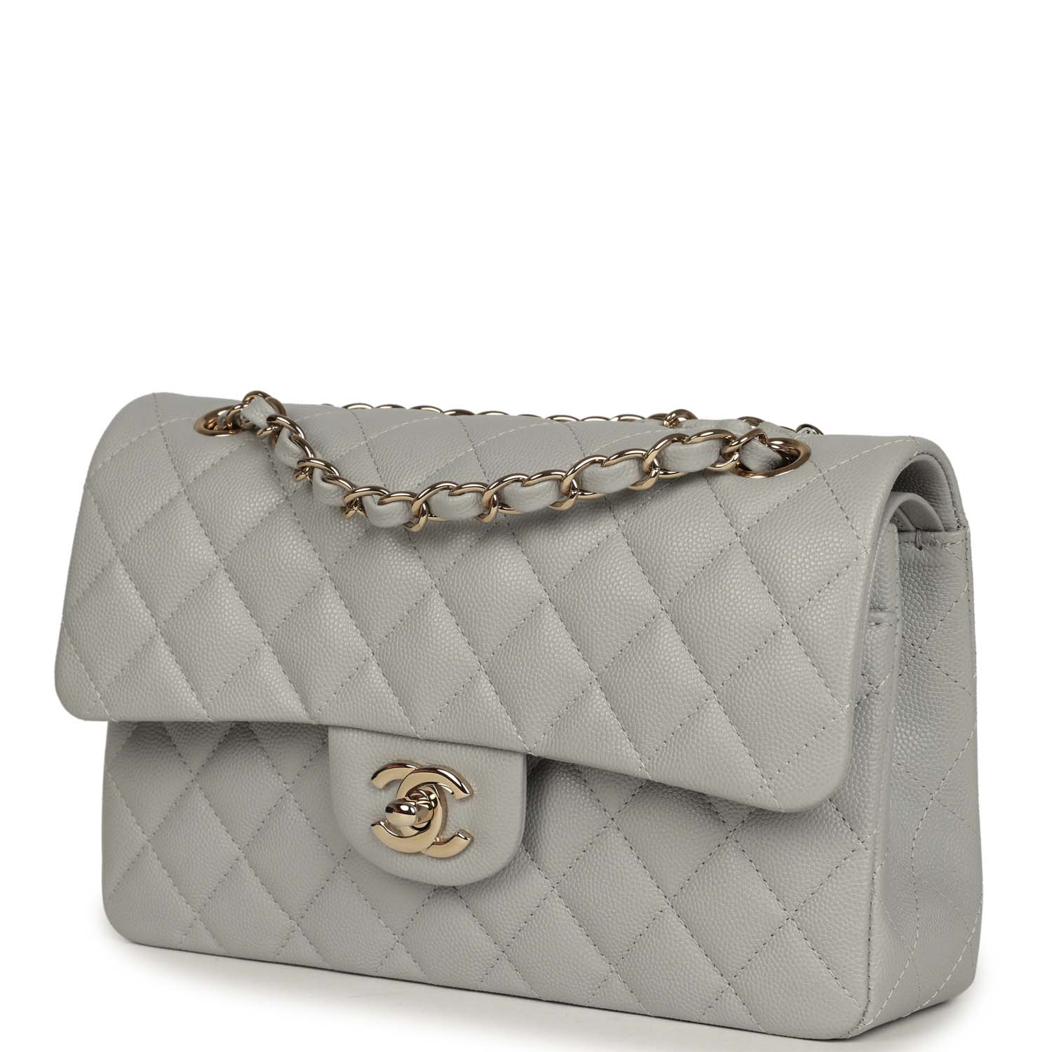 Small Classic Double Flap Bag Light Grey Caviar Light Gold Hardware