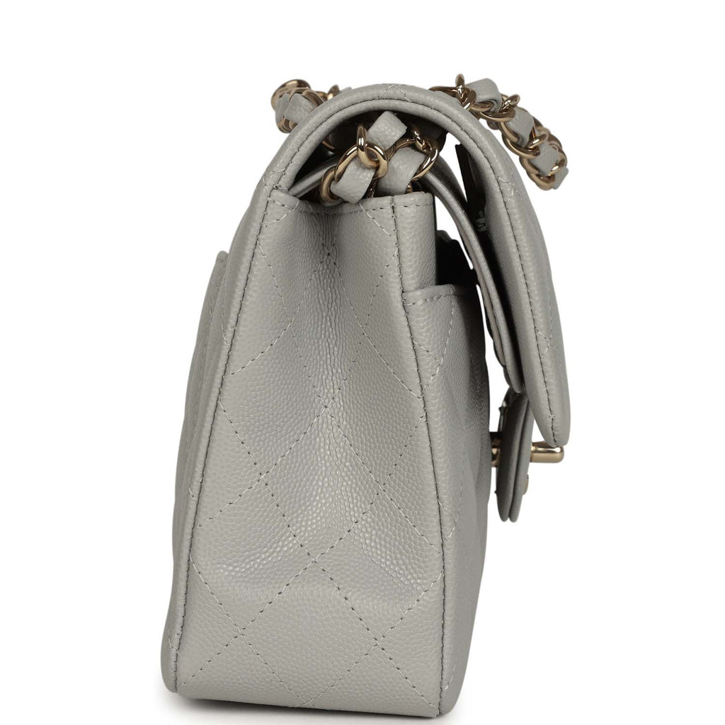 Small Classic Double Flap Bag Light Grey Caviar Light Gold Hardware