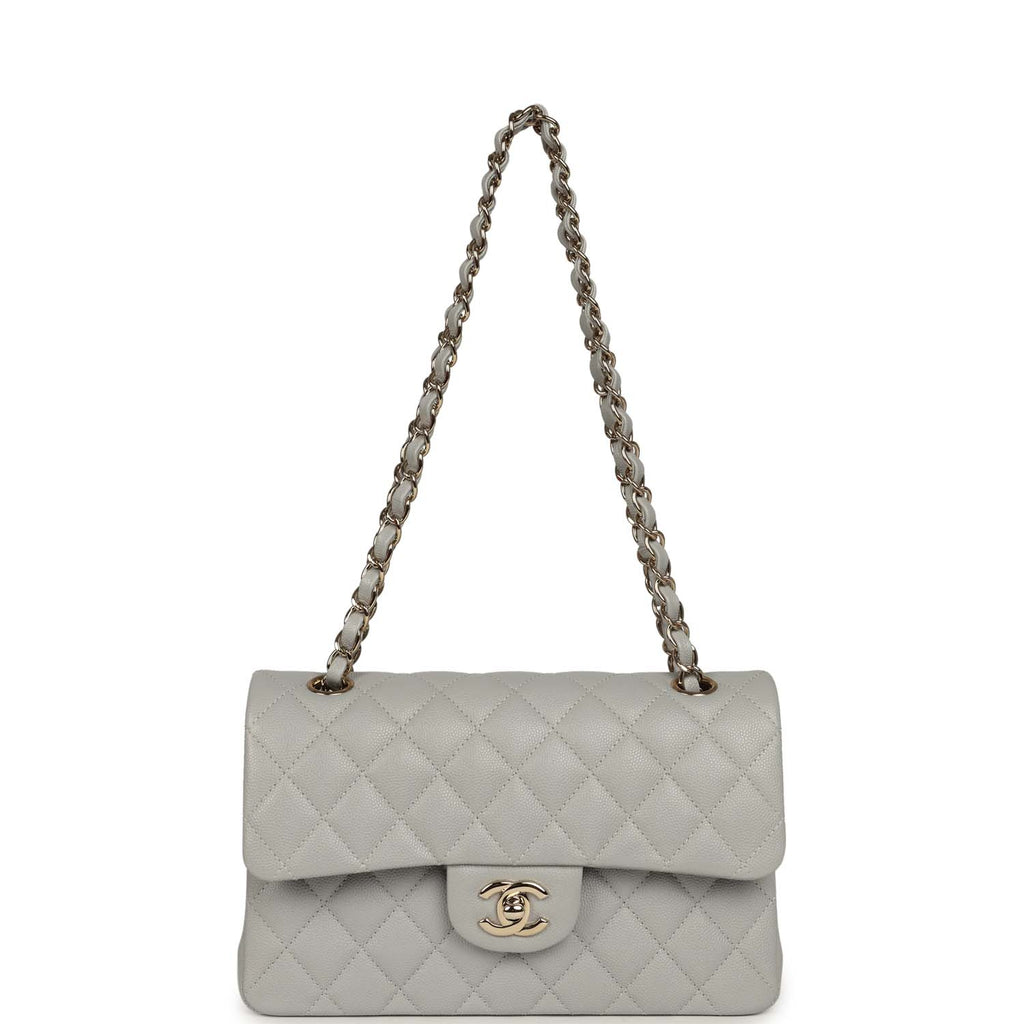 Small Classic Double Flap Bag Light Grey Caviar Light Gold Hardware