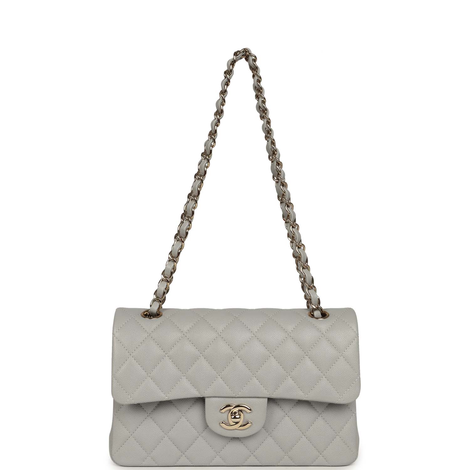 Small Classic Double Flap Bag Light Grey Caviar Light Gold Hardware