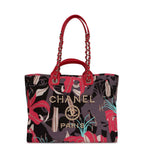 Medium Deauville Shopping Tote Grey and Pink Tropical Floral Velvet Light Gold Hardware