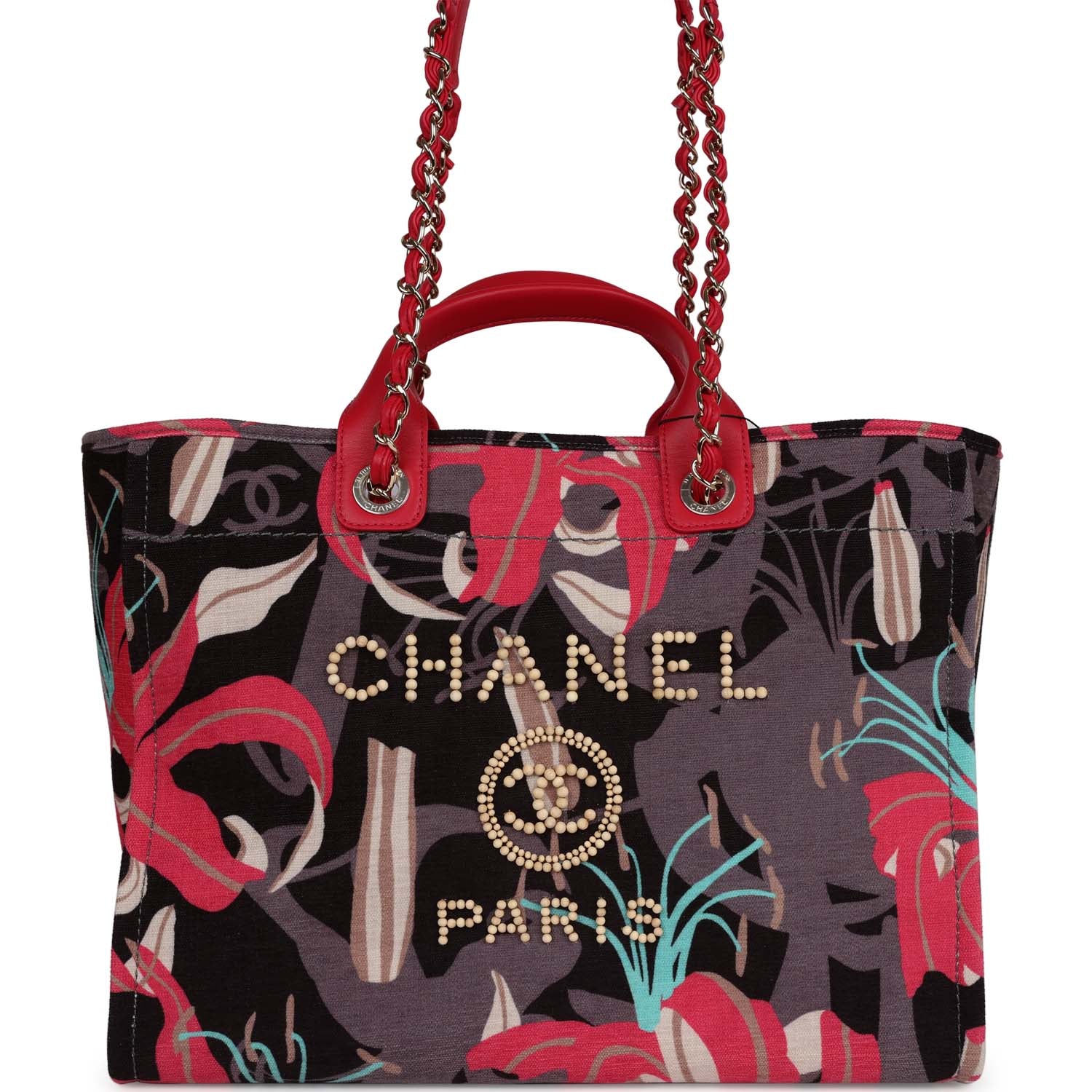 Medium Deauville Shopping Tote Grey and Pink Tropical Floral Velvet Light Gold Hardware