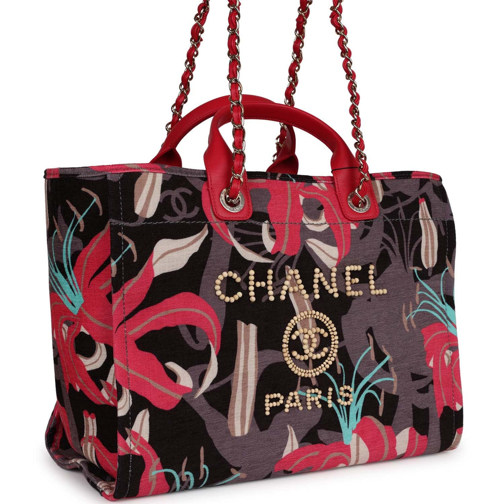 Medium Deauville Shopping Tote Grey and Pink Tropical Floral Velvet Light Gold Hardware