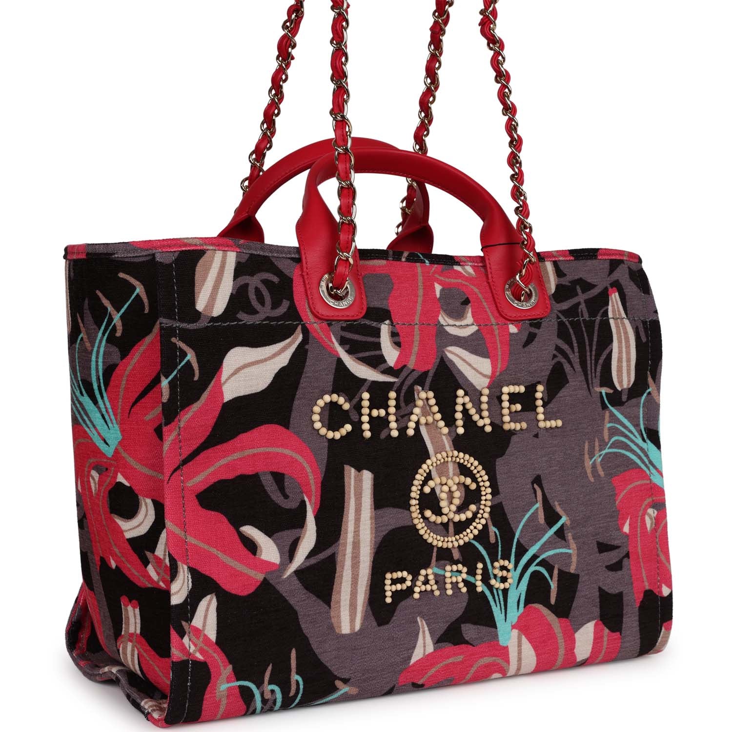 Medium Deauville Shopping Tote Grey and Pink Tropical Floral Velvet Light Gold Hardware