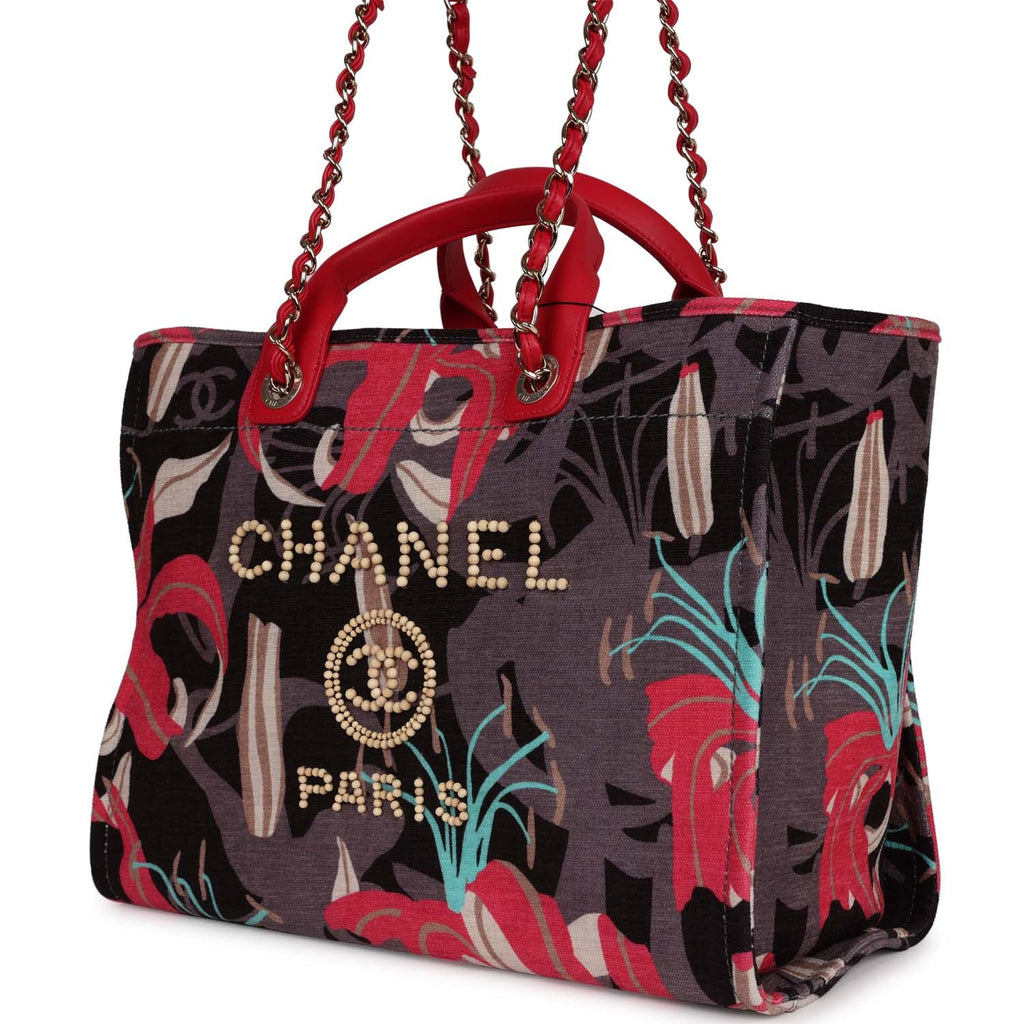 Medium Deauville Shopping Tote Grey and Pink Tropical Floral Velvet Light Gold Hardware
