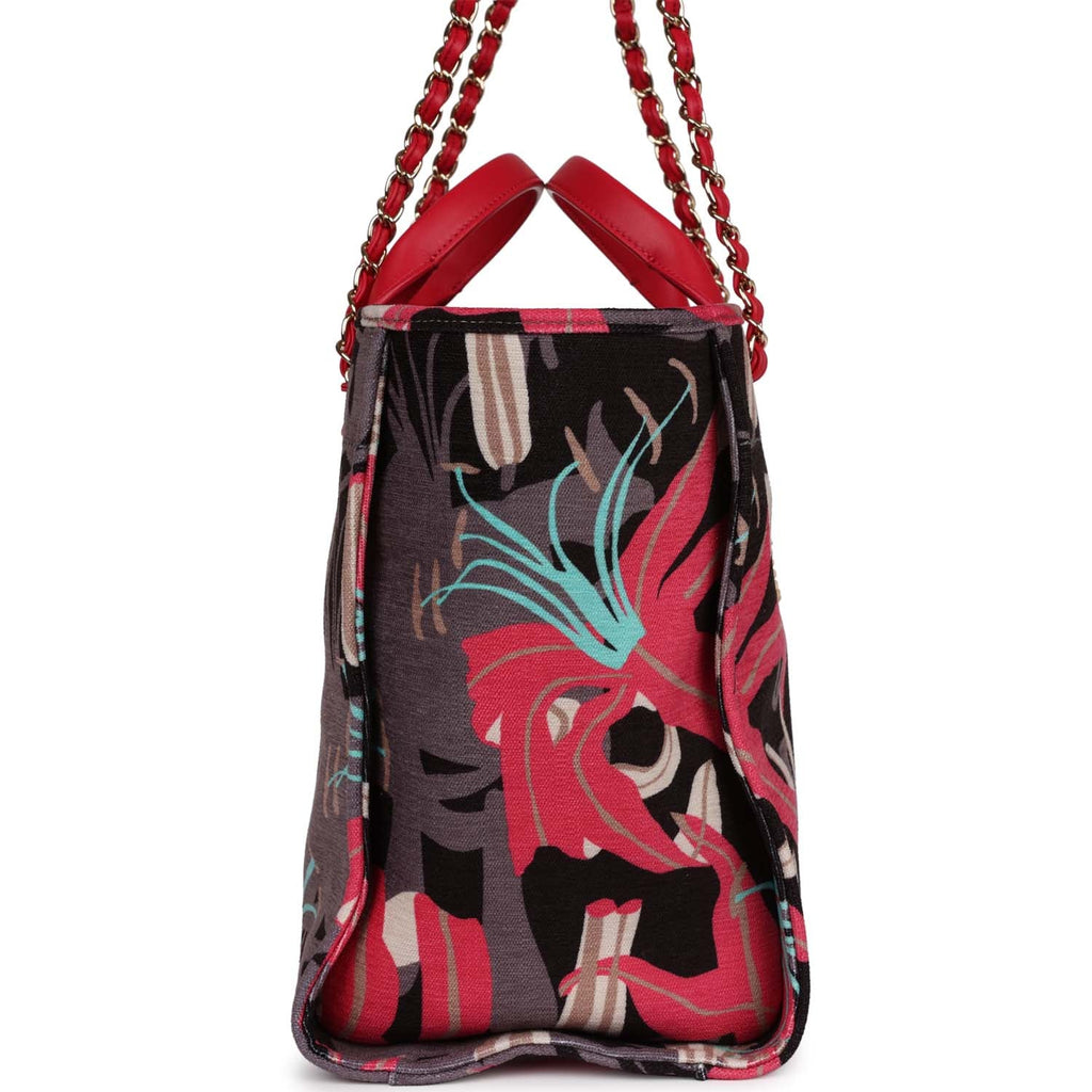 Medium Deauville Shopping Tote Grey and Pink Tropical Floral Velvet Light Gold Hardware